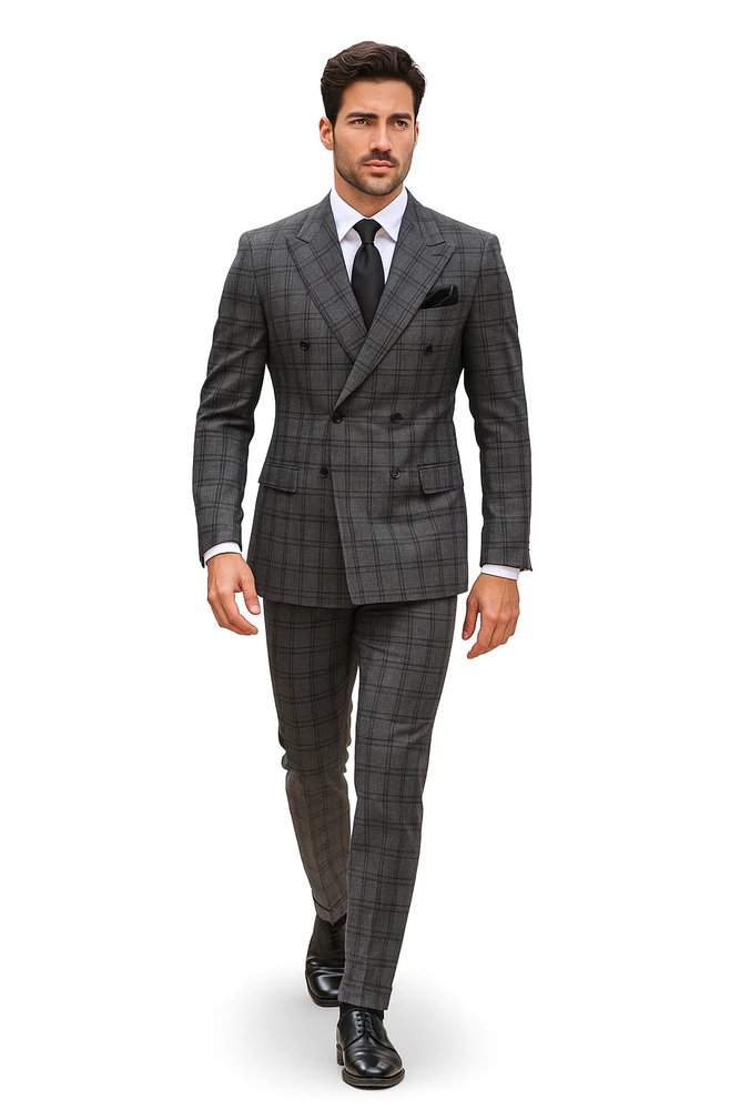 Suits With Baggy Pleated Pants - Wide Leg Pants 100% Wool - Classic Fit in Color Charcoal with Blue Plaid by Rossiman