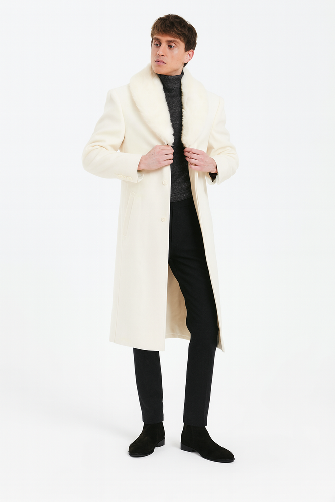 Men’s Ivory Full-Length Overcoat with Luxurious Faux Fur Shawl Collar – Winter Dress Coat