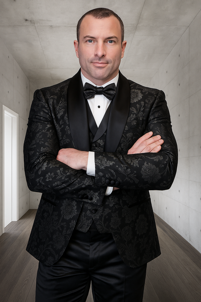 Men's black paisley lace print vested tuxedo for prom & wedding with satin lapel and bowtie