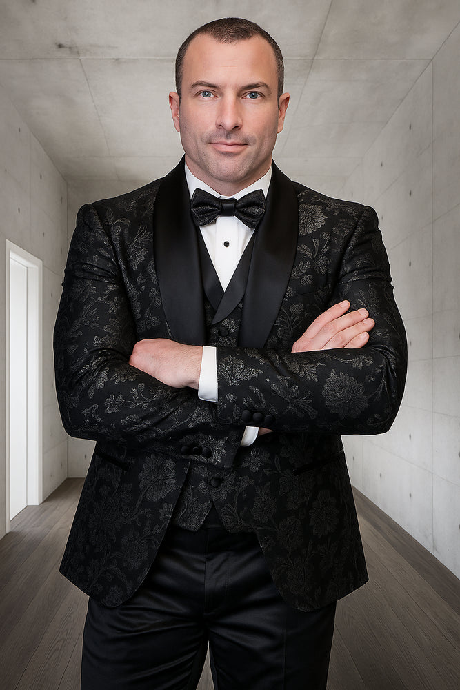 Men's black paisley lace print vested tuxedo for prom & wedding with satin lapel and bowtie