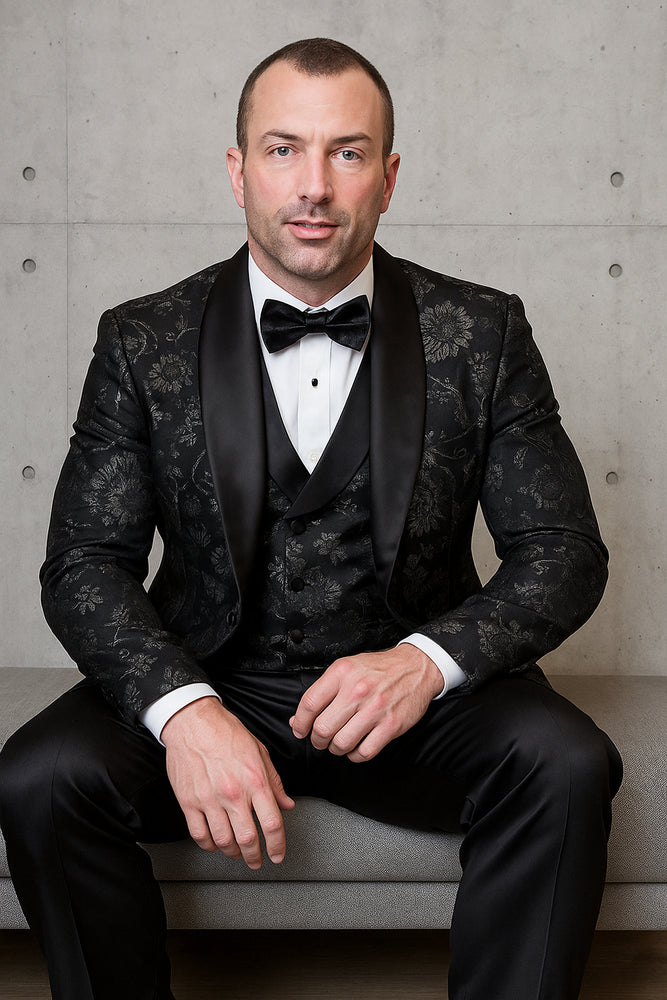 Men's black paisley lace print vested tuxedo for prom & wedding with satin lapel and bowtie
