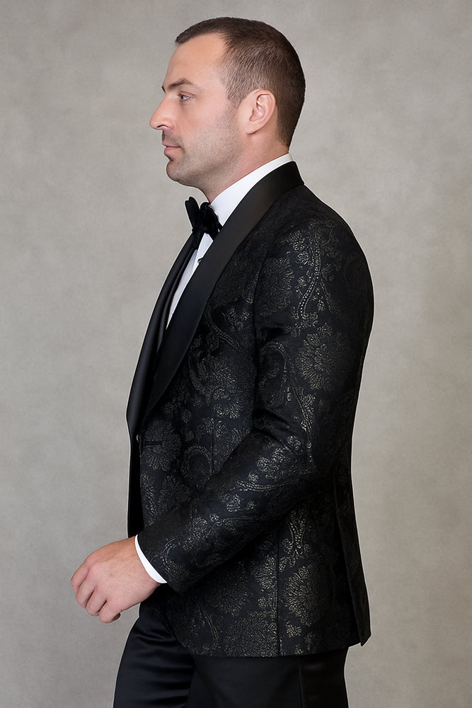 Men's black paisley lace print vested tuxedo for prom & wedding with satin lapel and bowtie