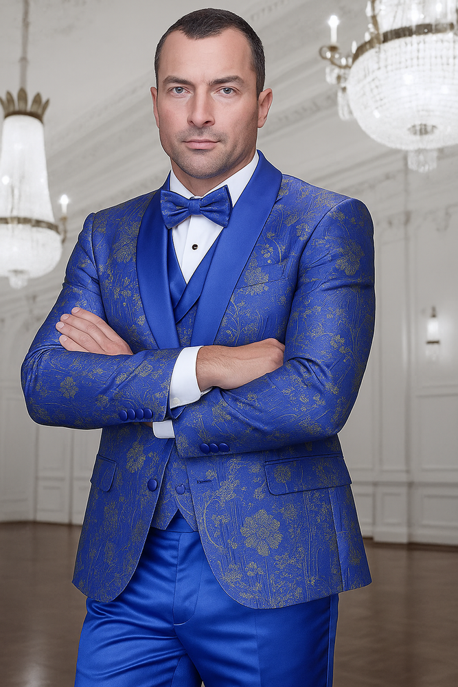 Men's royal blue paisley lace print tuxedo with double breasted vest – prom & wedding suit