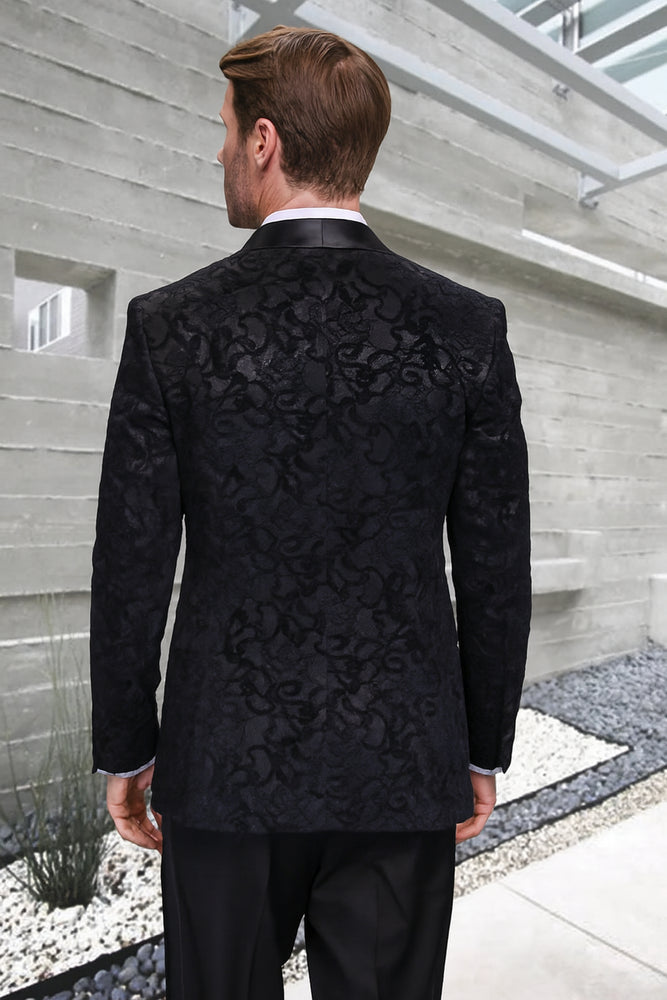 Men's Black Paisley Velvet Smoking Jacket Tuxedo with Vested Double Breasted Prom & Wed