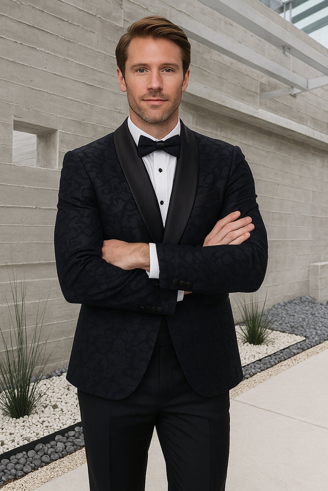 Men's Black Paisley Velvet Smoking Jacket Tuxedo with Vested Double Breasted Prom & Wed