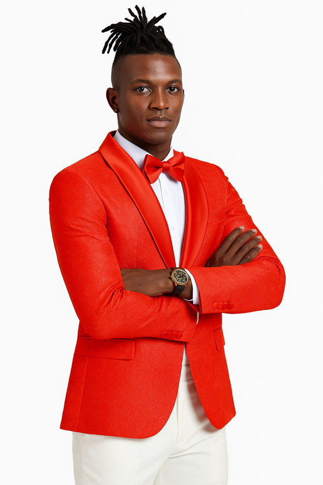 Men’s Slim Fit Tonal Paisley Tuxedo Jacket in Red for Wedding & Prom