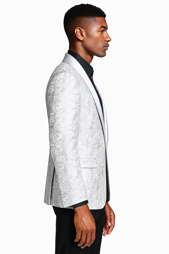 Men’s Silver Grey Tonal Paisley Tuxedo Jacket – Slim Fit Wedding & Prom Blazer