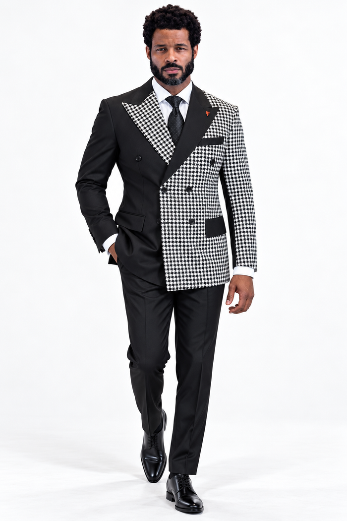 Mens Houndstooth Glen Plaid Double Breasted Two-Toned 100% Wool Side Vented Modern Fit Suit in Black & Brown by Statement