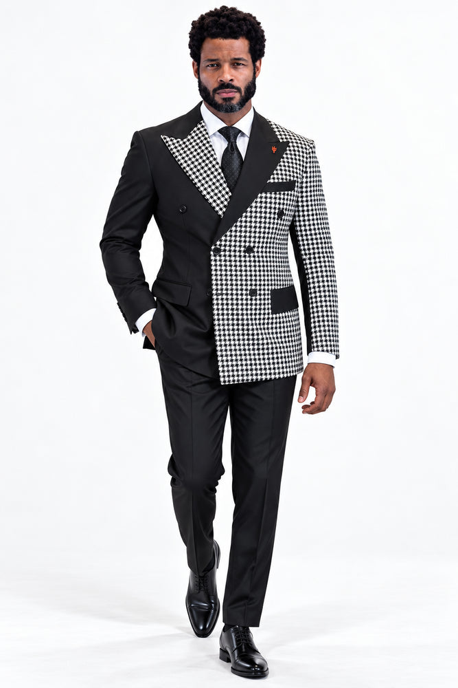 Mens Houndstooth Glen Plaid Double Breasted Two-Toned 100% Wool Side Vented Modern Fit Suit in Black & Brown by Statement