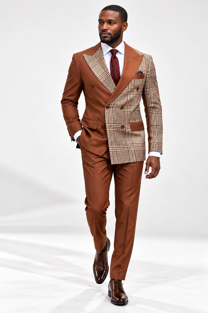 Mens Houndstooth Glen Plaid Double Breasted Two-Toned 100% Wool Side Vented Modern Fit Suit in Black & Brown by Statement