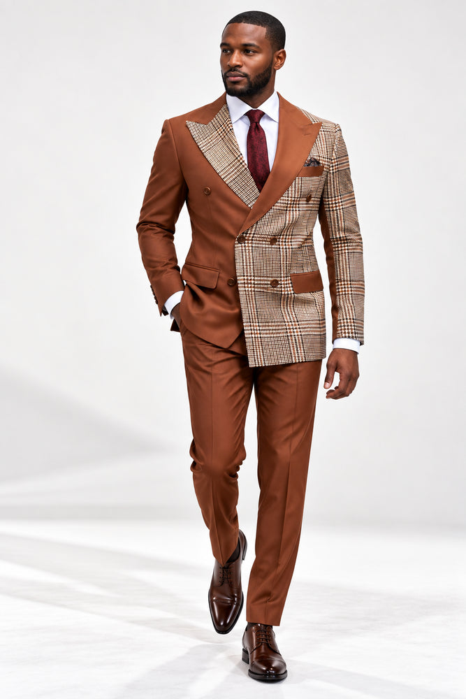 Mens Houndstooth Glen Plaid Double Breasted Two-Toned 100% Wool Side Vented Modern Fit Suit in Black & Brown by Statement