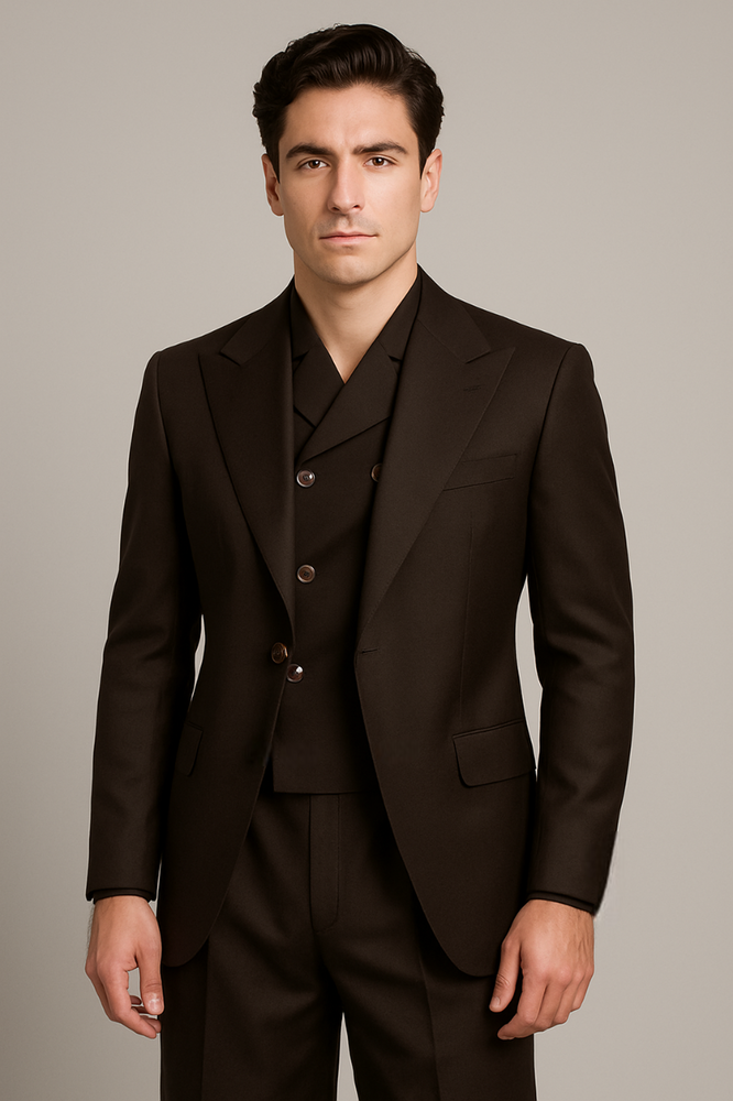 Tiglio Rosso Suit  - Classic Fit Athletic Cut 100% Wool Super 150s Italian Fabric Peak Lapel in Color Dark Brown