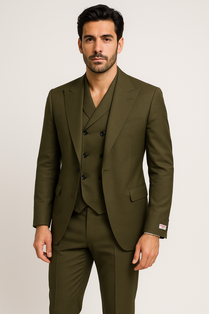 Tiglio Rosso Suit  - Classic Fit Athletic Cut 100% Wool Super 150s Italian Fabric Peak Lapel in Color Olive