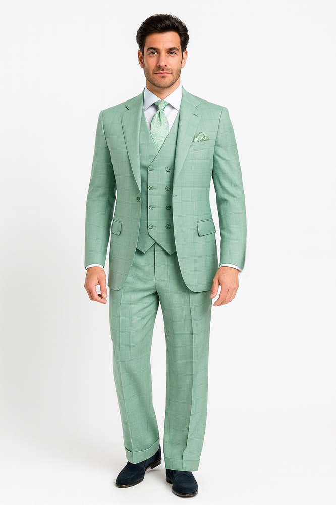 Tiglio Rosso Suit  - Classic Fit Athletic Cut 100% Wool Super 150s Italian Fabric Peak Lapel in Color Mint Green