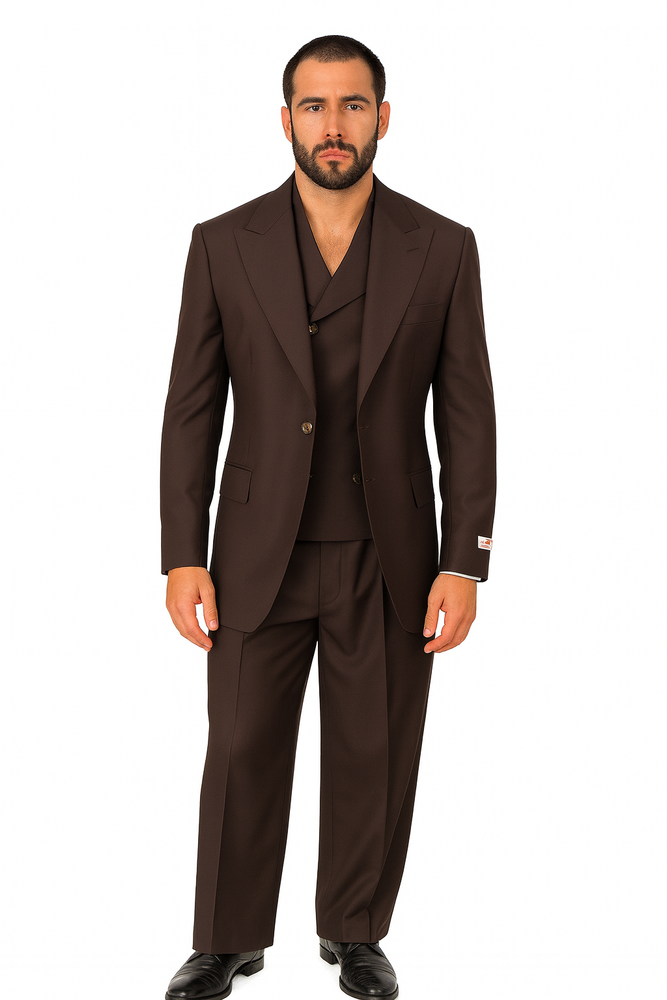 Tiglio Rosso Suit  - Classic Fit Athletic Cut 100% Wool Super 150s Italian Fabric Peak Lapel in Color Chocolate Brown
