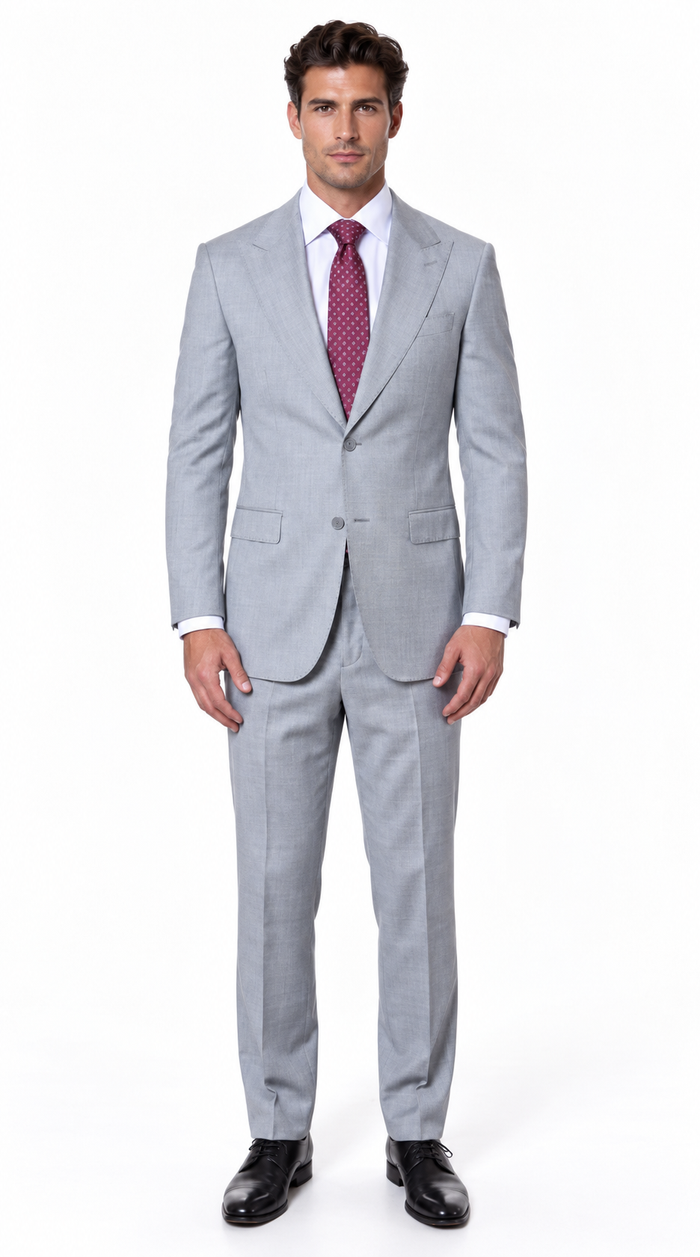 Statement Men's 2 Piece 100% Super 200 Wool Modern Fit Suit - Pic Stitching Peak Lapel Two Buttons in Color Grey