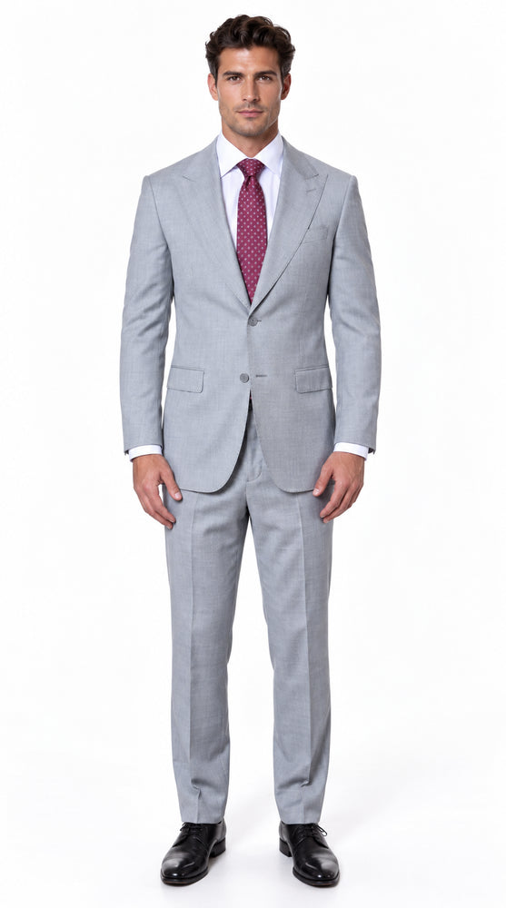 Statement Men's 2 Piece 100% Super 200 Wool Modern Fit Suit - Pic Stitching Peak Lapel Two Buttons in Color Grey