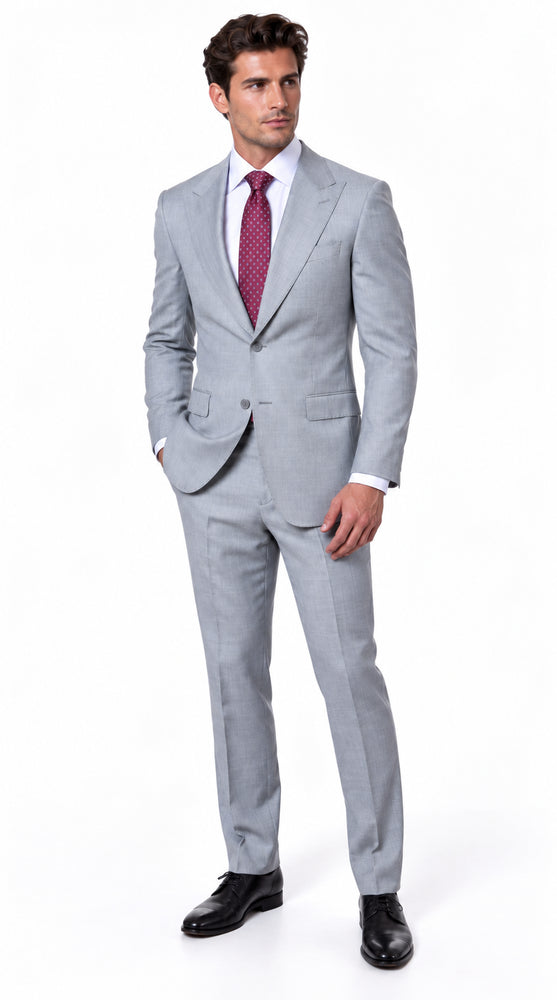 Statement Men's 2 Piece 100% Super 200 Wool Modern Fit Suit - Pic Stitching Peak Lapel Two Buttons in Color Grey
