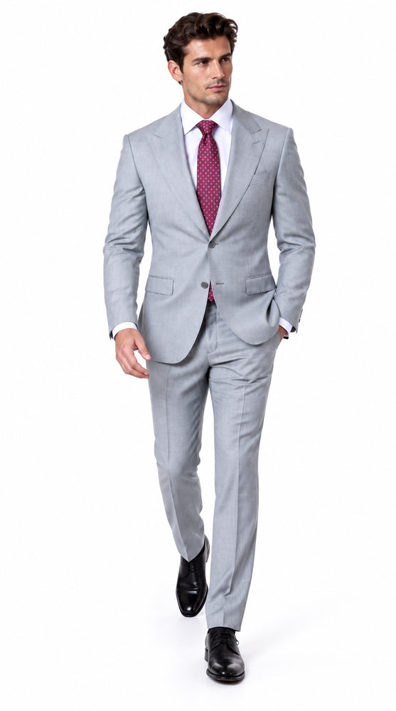 Statement Men's 2 Piece 100% Super 200 Wool Modern Fit Suit - Pic Stitching Peak Lapel Two Buttons in Color Grey
