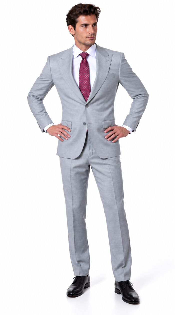 Statement Men's 2 Piece 100% Super 200 Wool Modern Fit Suit - Pic Stitching Peak Lapel Two Buttons in Color Grey