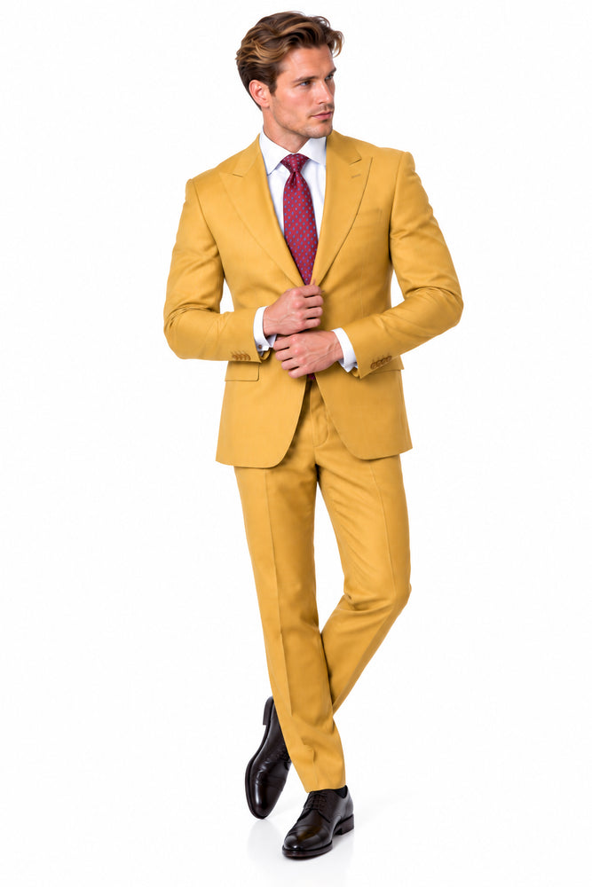 Statement Men's 2 Piece 100% Super 200 Wool Modern Fit Suit - Pic Stitching Peak Lapel Two Buttons in Color Chestnut