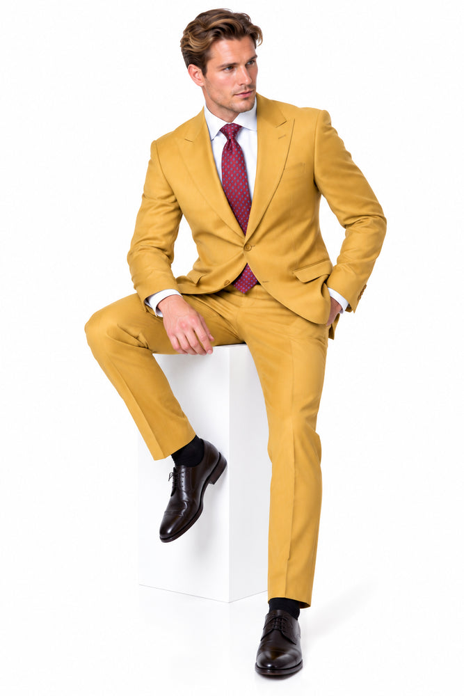 Statement Men's 2 Piece 100% Super 200 Wool Modern Fit Suit - Pic Stitching Peak Lapel Two Buttons in Color Chestnut