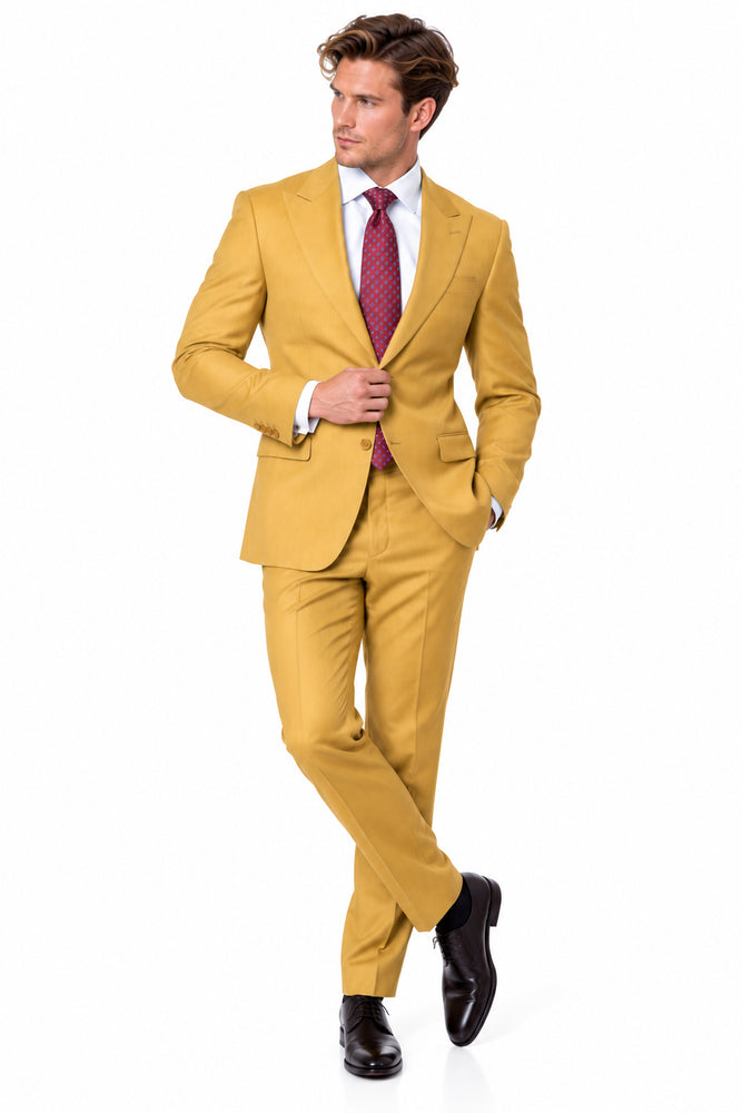 Statement Men's 2 Piece 100% Super 200 Wool Modern Fit Suit - Pic Stitching Peak Lapel Two Buttons in Color Chestnut