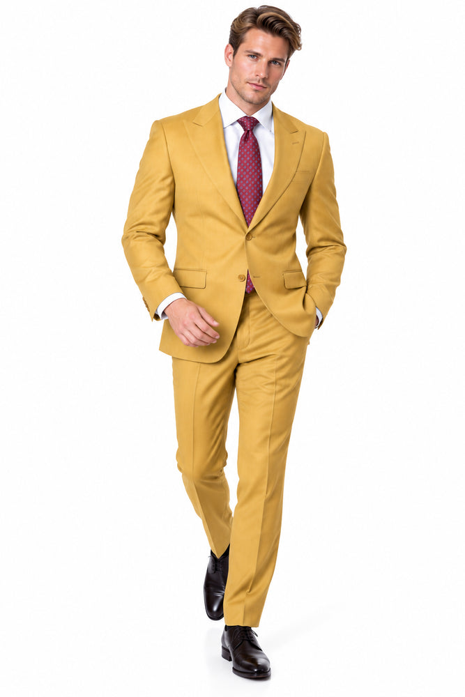Statement Men's 2 Piece 100% Super 200 Wool Modern Fit Suit - Pic Stitching Peak Lapel Two Buttons in Color Chestnut
