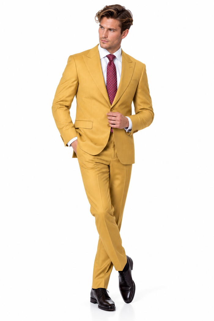 Statement Men's 2 Piece 100% Super 200 Wool Modern Fit Suit - Pic Stitching Peak Lapel Two Buttons in Color Chestnut