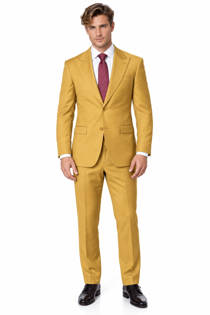 Statement Men's 2 Piece 100% Super 200 Wool Modern Fit Suit - Pic Stitching Peak Lapel Two Buttons in Color Chestnut