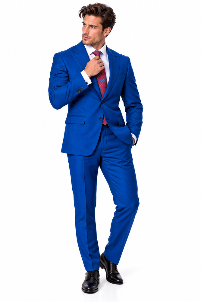 Statement Men's 2 Piece 100% Super 200 Wool Modern Fit Suit - Pic Stitching Peak Lapel Two Buttons in Color Indigo