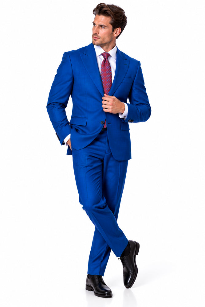 Statement Men's 2 Piece 100% Super 200 Wool Modern Fit Suit - Pic Stitching Peak Lapel Two Buttons in Color Indigo