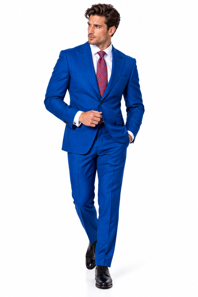 Statement Men's 2 Piece 100% Super 200 Wool Modern Fit Suit - Pic Stitching Peak Lapel Two Buttons in Color Indigo