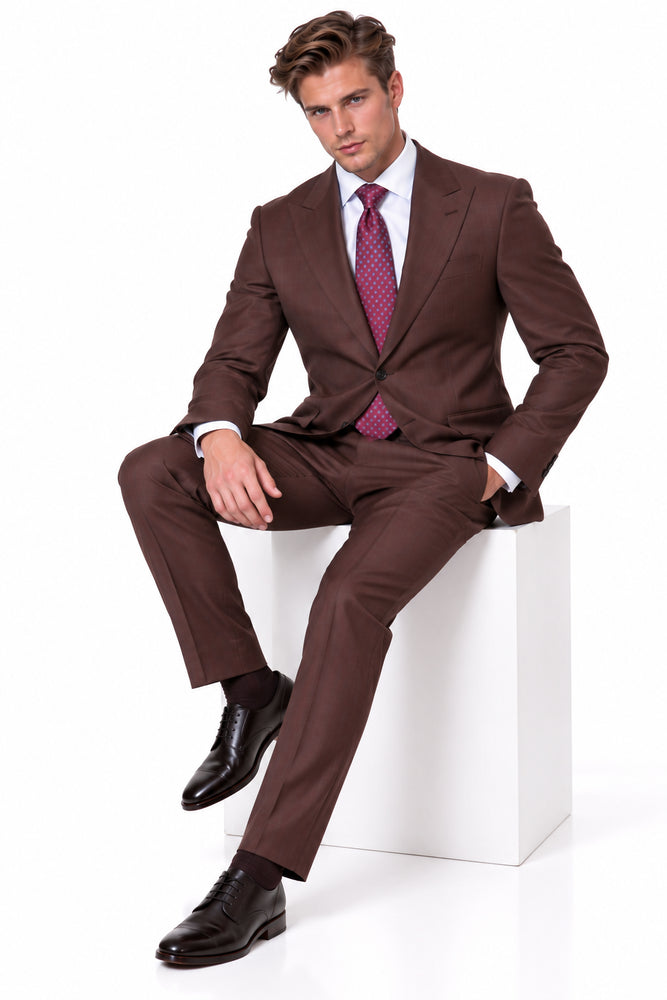Statement Men's 2 Piece 100% Super 200 Wool Modern Fit Suit - Pic Stitching Peak Lapel Two Buttons in Color Brown