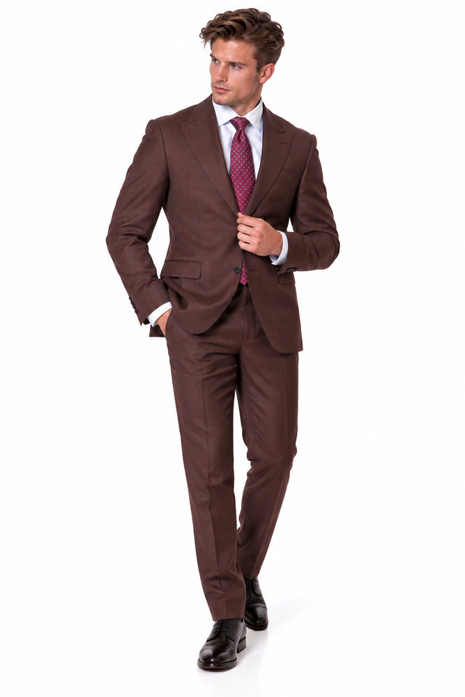 Statement Men's 2 Piece 100% Super 200 Wool Modern Fit Suit - Pic Stitching Peak Lapel Two Buttons in Color Brown