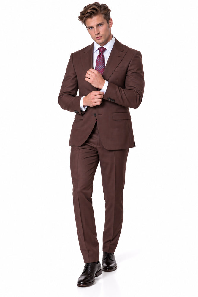 Statement Men's 2 Piece 100% Super 200 Wool Modern Fit Suit - Pic Stitching Peak Lapel Two Buttons in Color Brown