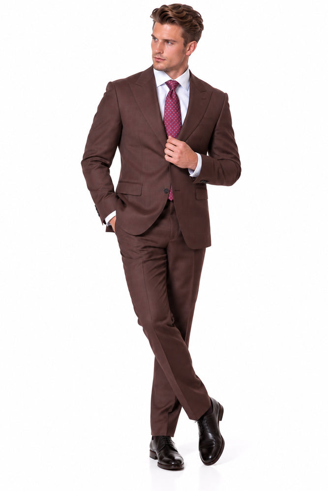 Statement Men's 2 Piece 100% Super 200 Wool Modern Fit Suit - Pic Stitching Peak Lapel Two Buttons in Color Brown