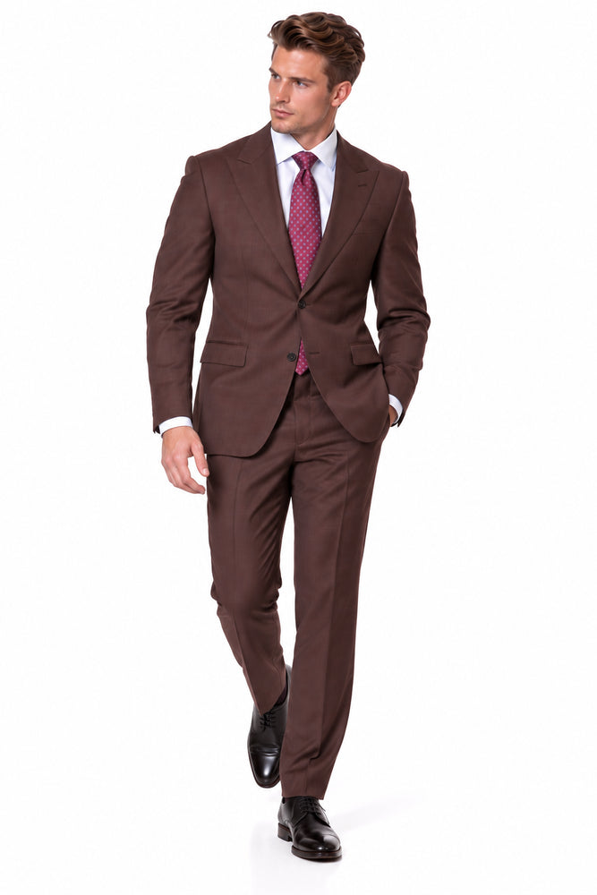 Statement Men's 2 Piece 100% Super 200 Wool Modern Fit Suit - Pic Stitching Peak Lapel Two Buttons in Color Brown