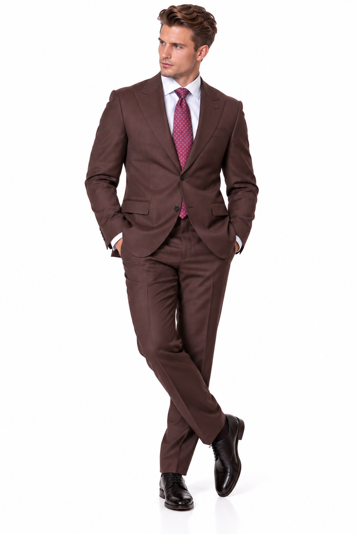Statement Men's 2 Piece 100% Super 200 Wool Modern Fit Suit - Pic Stitching Peak Lapel Two Buttons in Color Brown