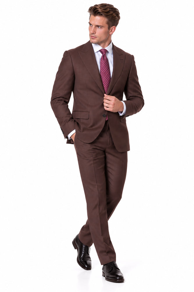 Statement Men's 2 Piece 100% Super 200 Wool Modern Fit Suit - Pic Stitching Peak Lapel Two Buttons in Color Brown