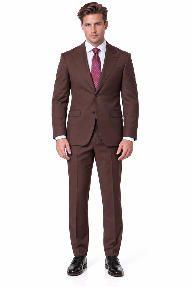 Statement Men's 2 Piece 100% Super 200 Wool Modern Fit Suit - Pic Stitching Peak Lapel Two Buttons in Color Brown