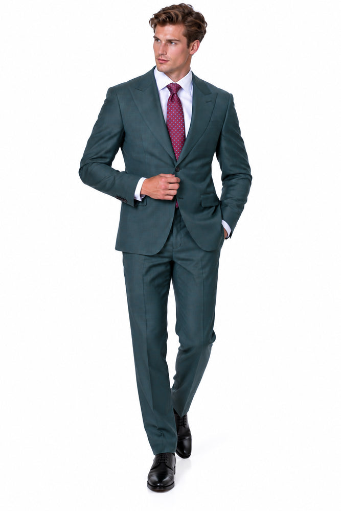Statement Men's 2 Piece 100% Super 200 Wool Modern Fit Suit - Pic Stitching Peak Lapel Two Buttons in Color Olive