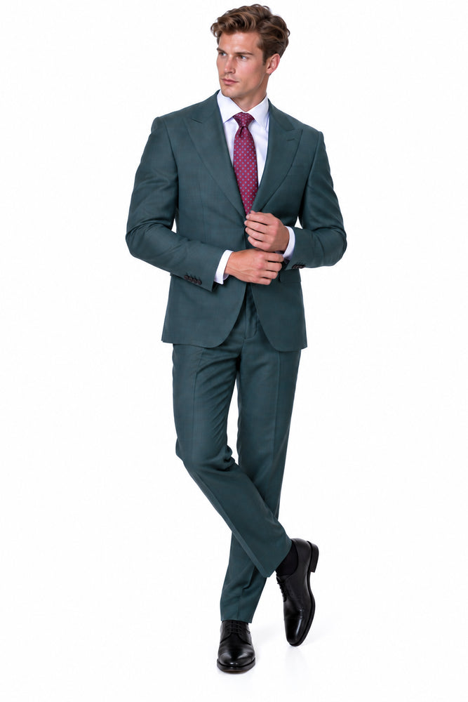 Statement Men's 2 Piece 100% Super 200 Wool Modern Fit Suit - Pic Stitching Peak Lapel Two Buttons in Color Olive