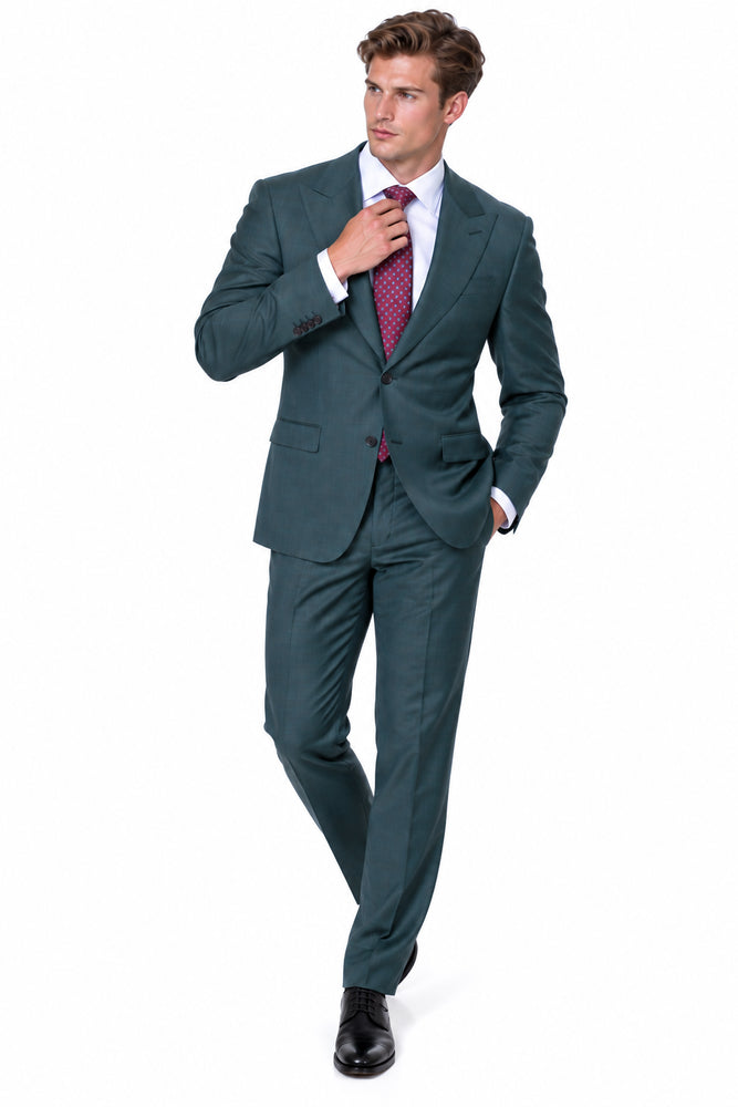 Statement Men's 2 Piece 100% Super 200 Wool Modern Fit Suit - Pic Stitching Peak Lapel Two Buttons in Color Olive