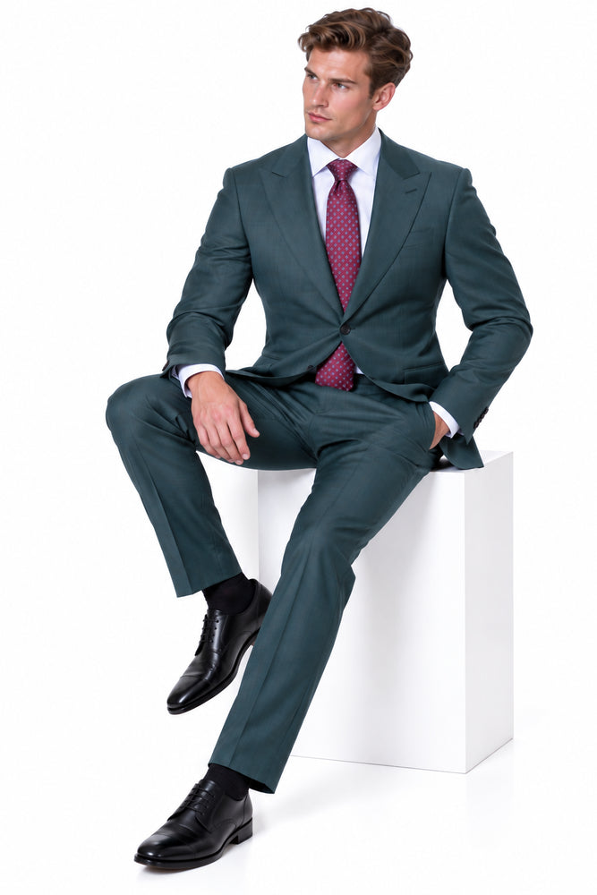 Statement Men's 2 Piece 100% Super 200 Wool Modern Fit Suit - Pic Stitching Peak Lapel Two Buttons in Color Olive