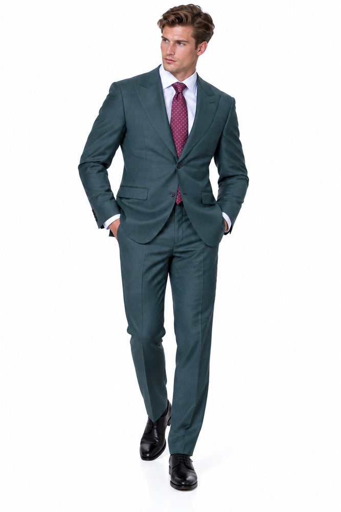 Statement Men's 2 Piece 100% Super 200 Wool Modern Fit Suit - Pic Stitching Peak Lapel Two Buttons in Color Olive