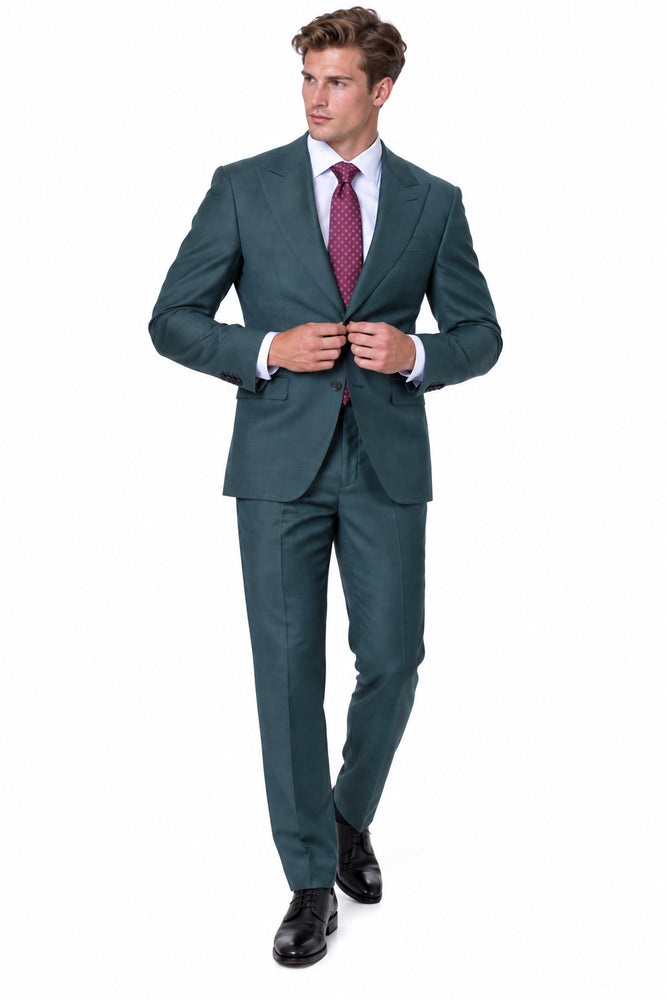 Statement Men's 2 Piece 100% Super 200 Wool Modern Fit Suit - Pic Stitching Peak Lapel Two Buttons in Color Olive