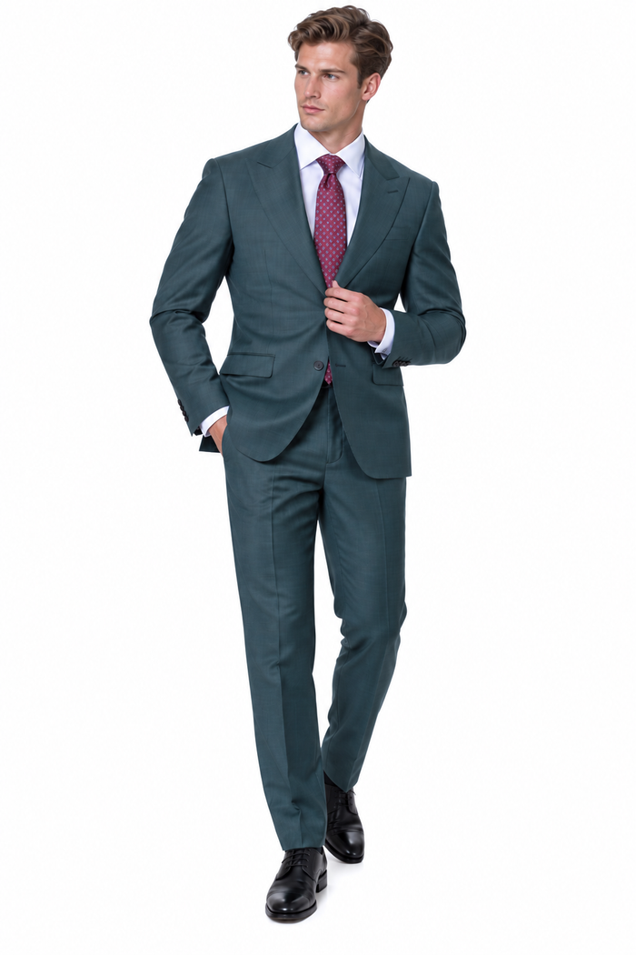 Statement Men's 2 Piece 100% Super 200 Wool Modern Fit Suit - Pic Stitching Peak Lapel Two Buttons in Color Olive