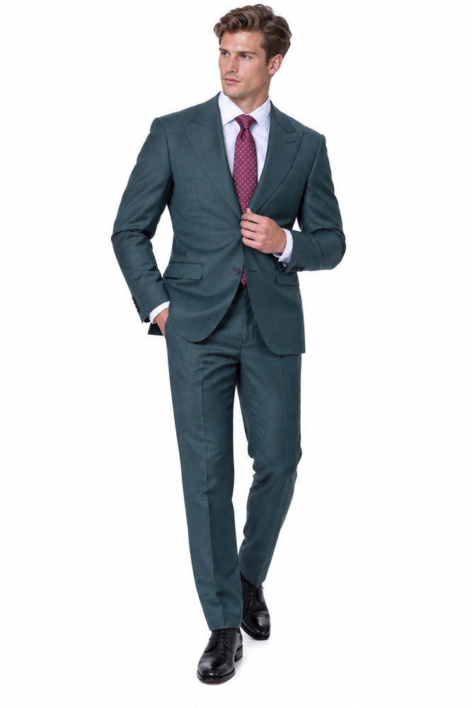 Statement Men's 2 Piece 100% Super 200 Wool Modern Fit Suit - Pic Stitching Peak Lapel Two Buttons in Color Olive
