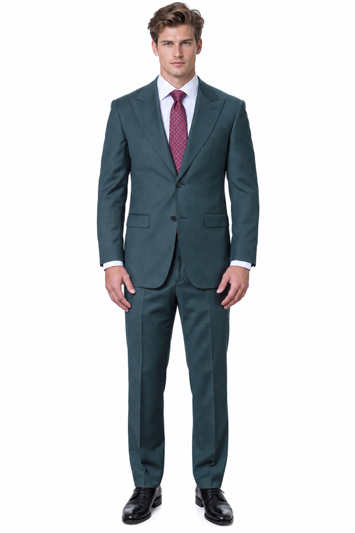 Statement Men's 2 Piece 100% Super 200 Wool Modern Fit Suit - Pic Stitching Peak Lapel Two Buttons in Color Olive